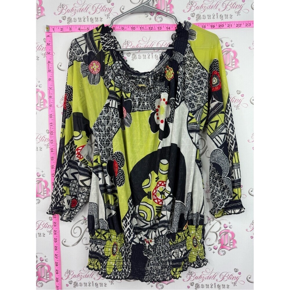 Boho Smocked Lime Green & Black Patterned Tunic